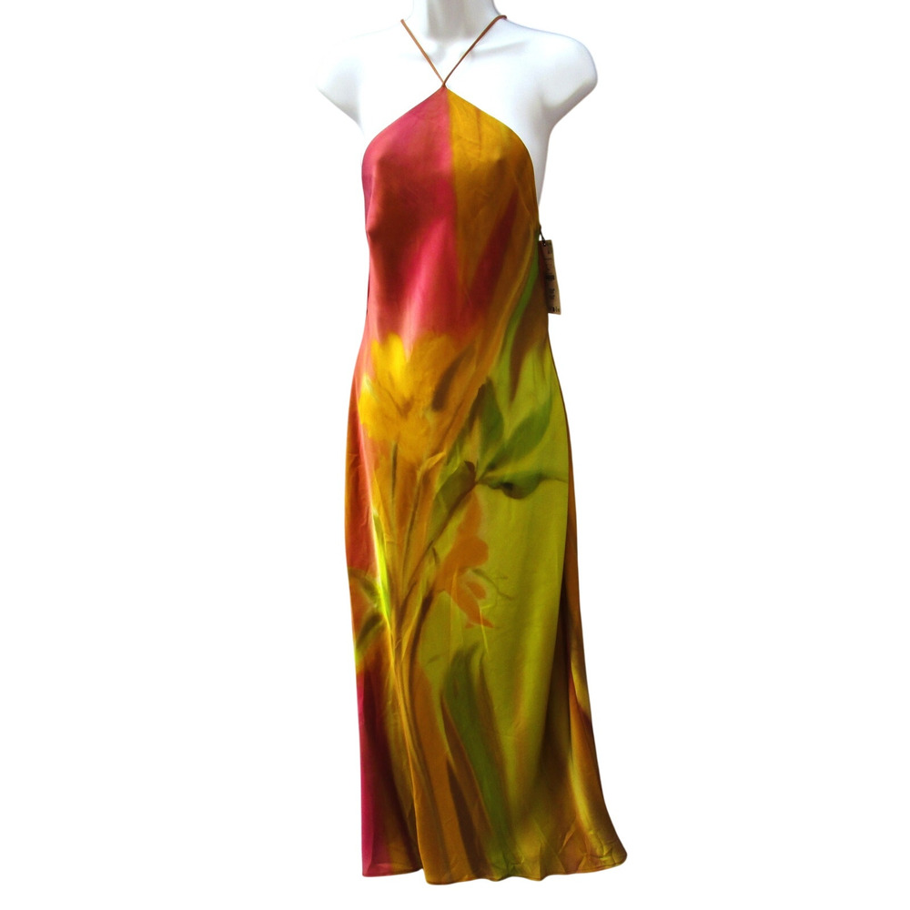 Nwt ZARA Satin Effect Multicolored Halter Neck Backless Midi Dress Women Sz S